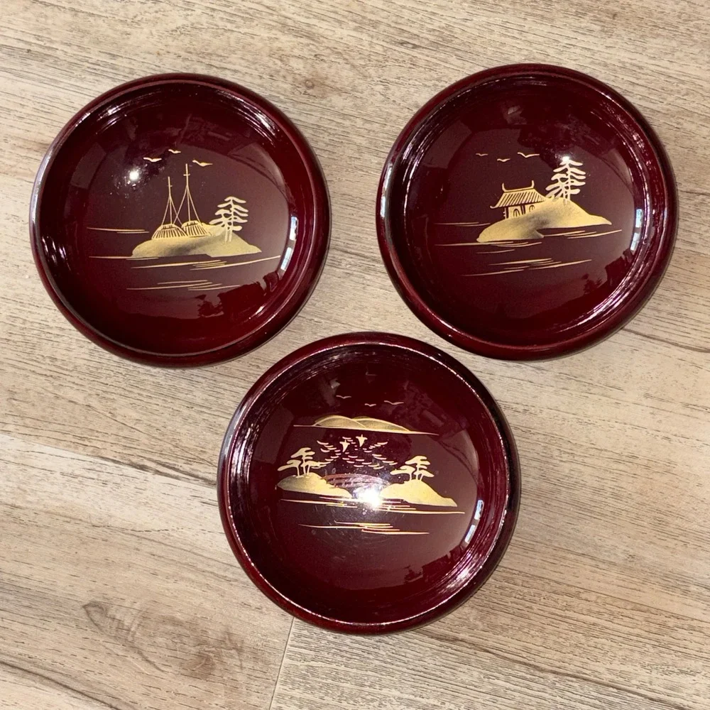 3 Vtg Japanese Lacquerware Salad Bowls Cinnabar Red Gold Chinoiserie Landscape
